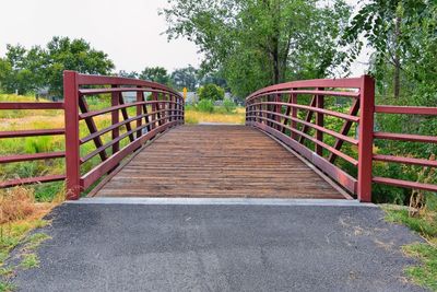 Empty footbridge amidst trees