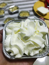 High angle view of ice cream in plate on table