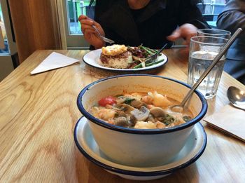 High angle view of food served on table