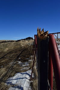 Close-up of fence on field against clear blue sky