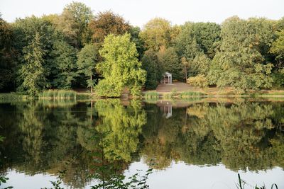 Scenic view of lake by trees against sky