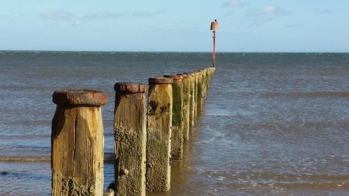 Wooden posts on beach against sky