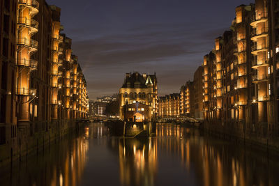 City view of speicherstadt of hamburg, germany at night
