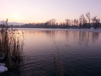 Scenic view of calm lake at sunset