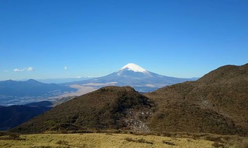 Scenic view of mountains against clear blue sky