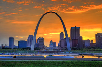 Modern buildings against sky during sunset in city