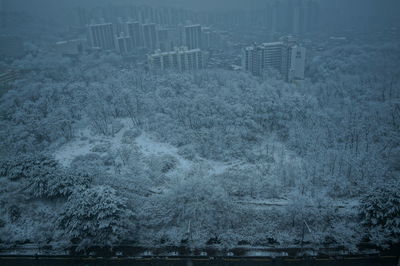 Aerial view of cityscape during winter