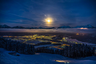 Aerial view of snow covered landscape against sky during sunset