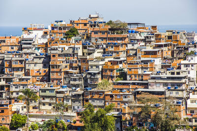 High angle view of residential district against sky