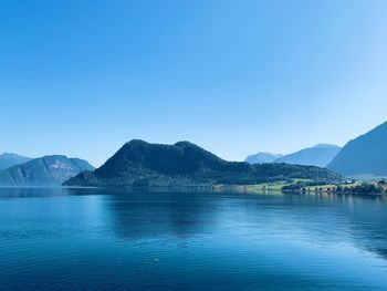 Scenic view of lake against clear blue sky