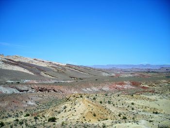 Scenic view of desert against clear blue sky