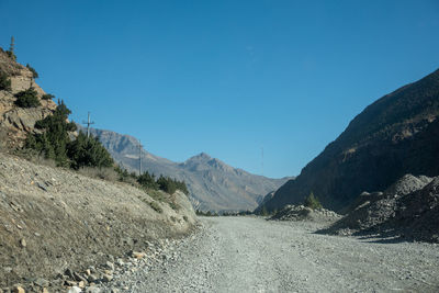 Scenic view of mountains against clear blue sky