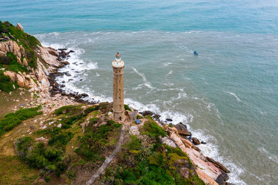 High angle view of lighthouse on beach