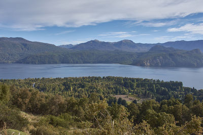 Scenic view of lake by mountains against sky