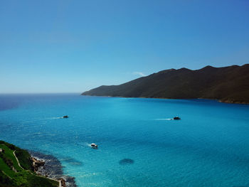 Scenic view of sea against clear blue sky
