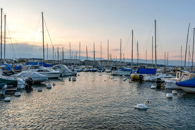 Boats moored in harbor at sunset