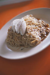 High angle view of noodles served in bowl