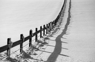 Wooden post on fence by land