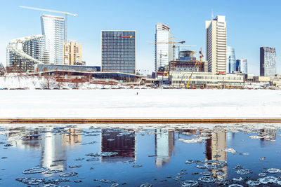 Modern buildings in city against clear sky