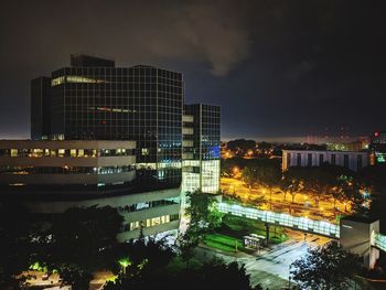 High angle view of illuminated buildings at night