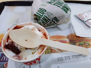 High angle view of ice cream on table