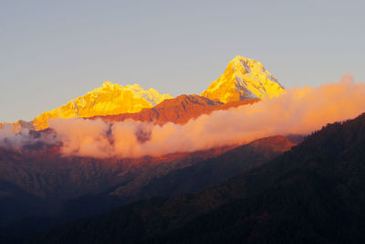 Scenic view of mountains against clear sky during sunset