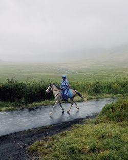 Horseman riding in the midst of rain
