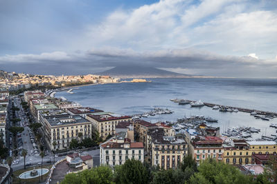 Aerial view of napoli and his gulf with vesuvius in background