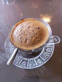 High angle view of coffee on table