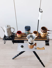 High angle view of kitchen utensils on table