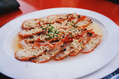 Close-up of food served in plate on table