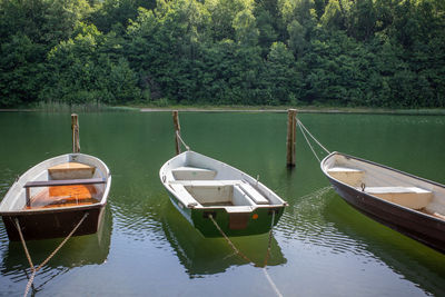 Boats moored on lake by trees