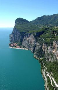 High angle view of bay against clear sky