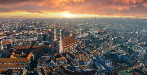 Munich aerial panoramic architecture, bavaria, germany at sunset