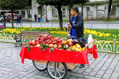 Male fruit vendor standing at park
