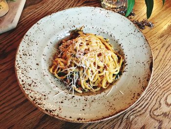 Close-up of noodles in plate on table