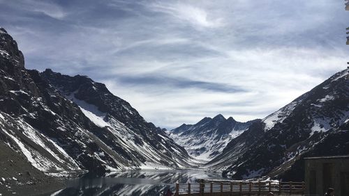 In the snowy mountains of the andes is the beautiful laguna del inca, with spectacular landscapes 