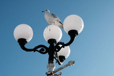 Low angle view of street light against clear blue sky