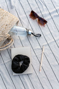 Mockup of a diary and pencil, sunglasses, and a bottle of water lie on the picnic blanket.