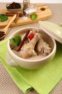 High angle view of soup in bowl on table