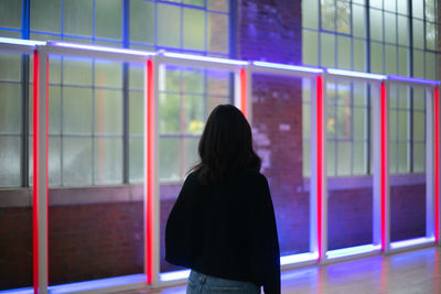 Rear view of woman standing against window