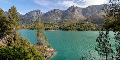 Scenic view of lake and mountains against sky