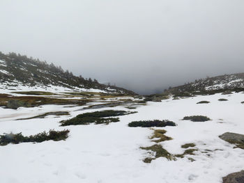 Scenic view of snow covered mountains against sky