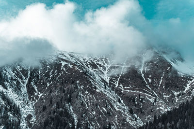 Aerial view of snowcapped mountains against sky