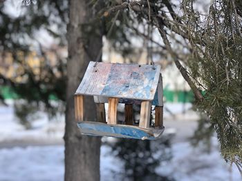 Close-up of birdhouse on tree trunk during winter