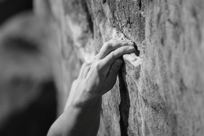 Close-up of man free climbing