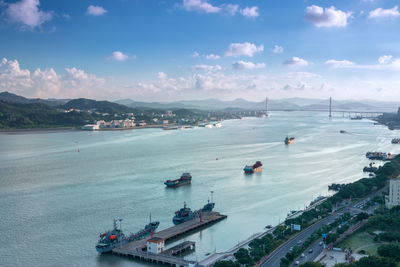 High angle view of boats in bay