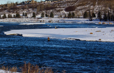 Man in lake during winter