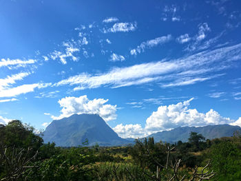 Scenic view of mountains against blue sky