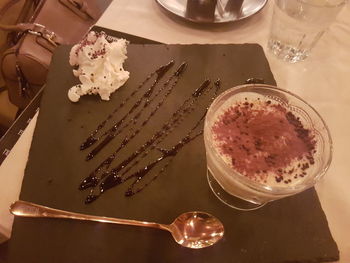 High angle view of ice cream in plate on table